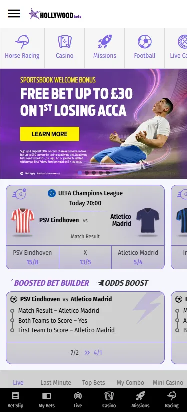 Hollywoodbets low entry sign up offer of bet &pound;10 on a 3 leg acca