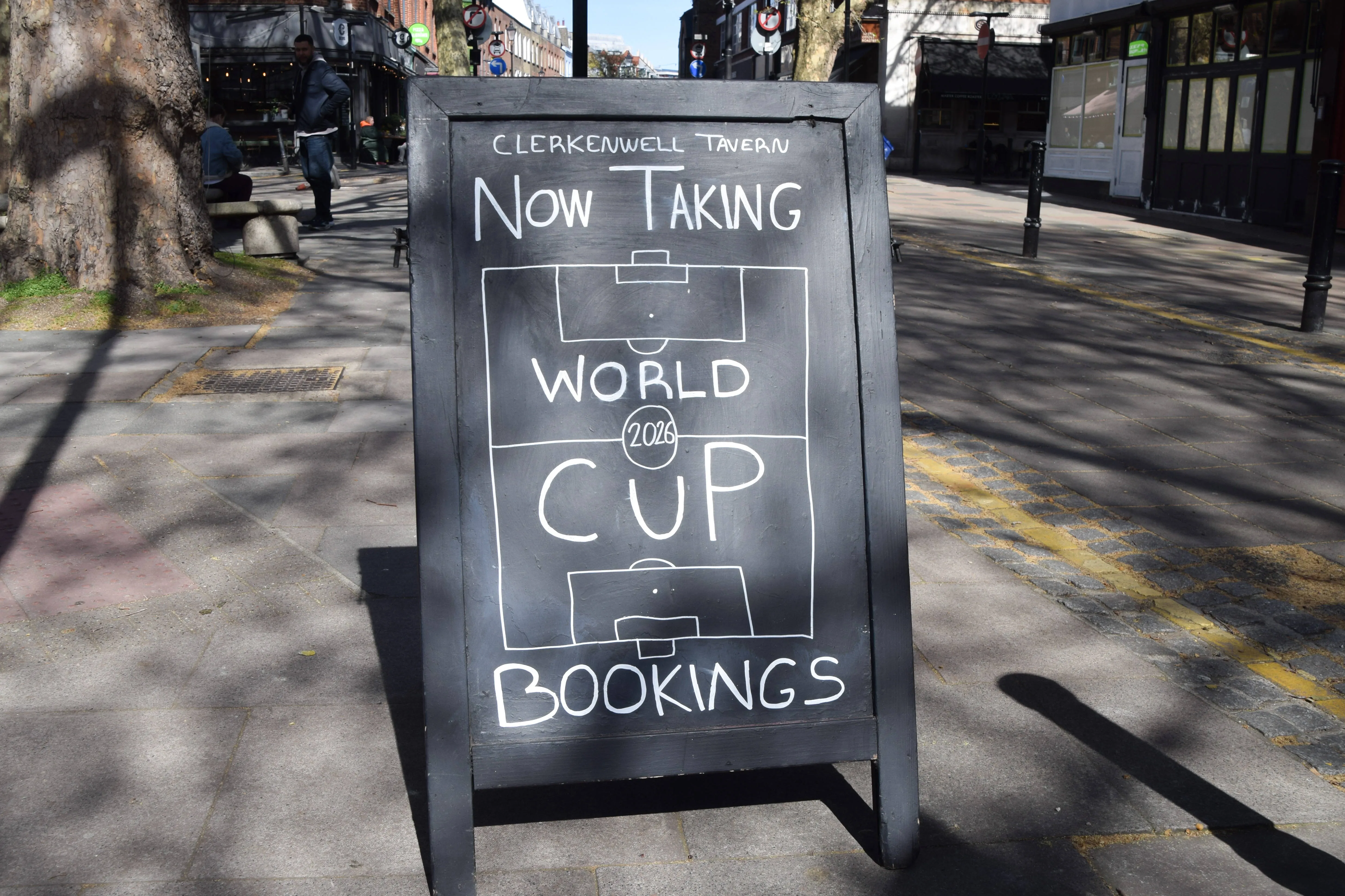 A sign outside a London pub advertises bookings for the 2026 World Cup