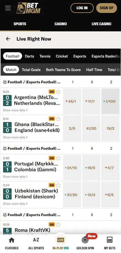 betMGM in play betting, football matches