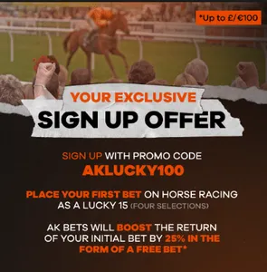 sign up for AK Bets in the UK and get a horse racing offer with promo code AKLUCKY100