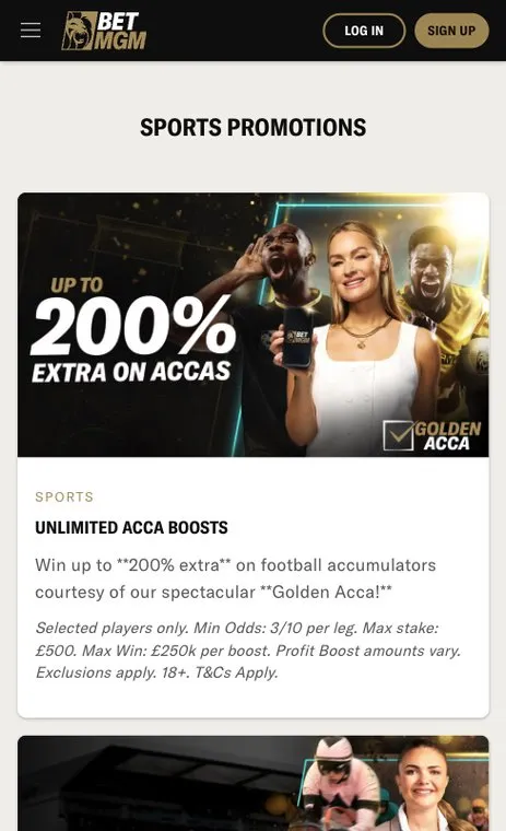 BetMGM sports promotions page on mobile