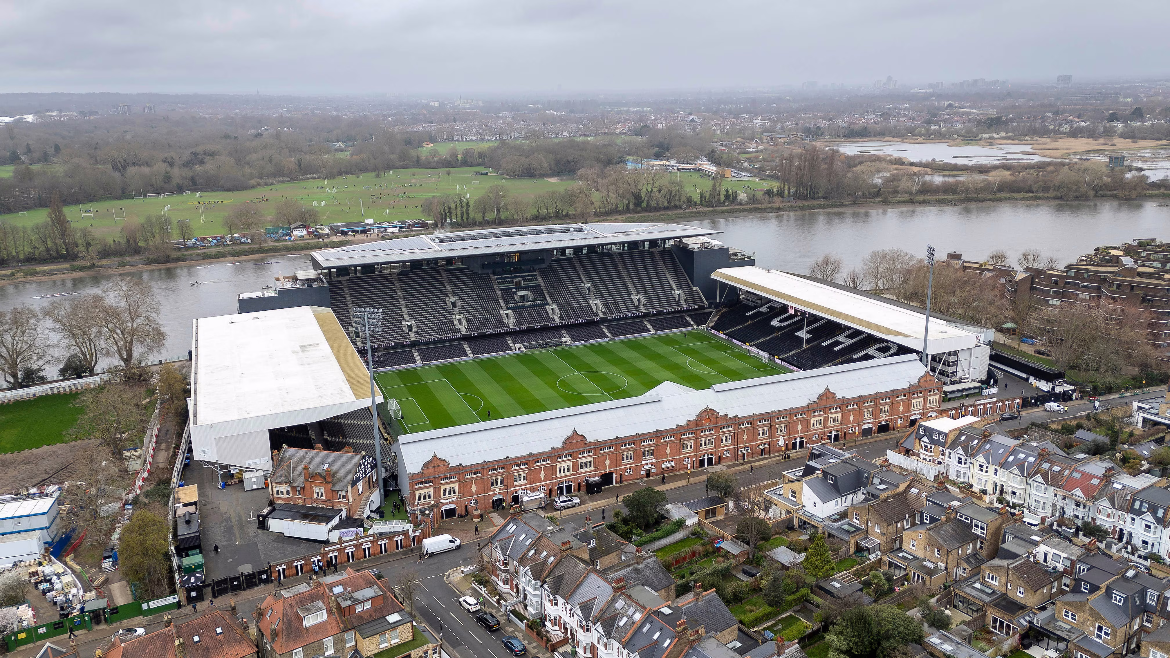 Aerial stadium view outside Craven Cottage