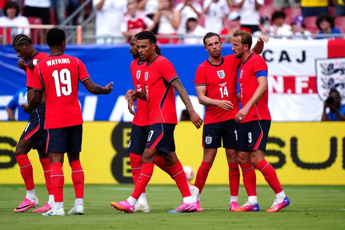 England celebrate a goal in a warm-up friendly in Florida before the 2026 World Cup.