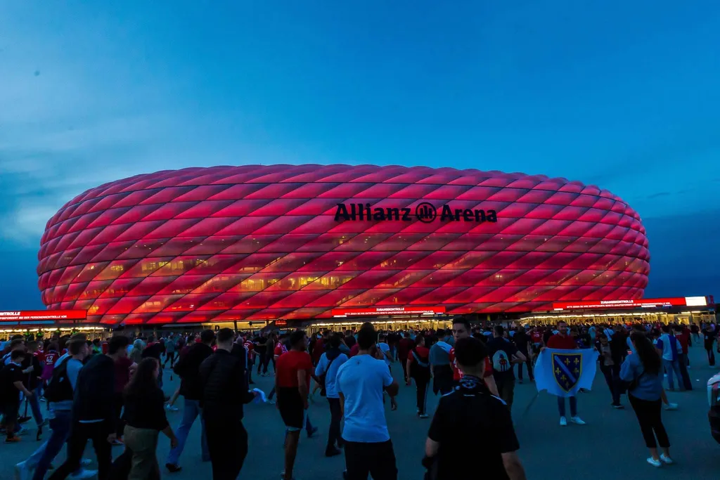 Allianz Arena at night | Bayern Munich stadium images | Red LEDs on the iconic Allianz Arena before a UEFA Champions League match