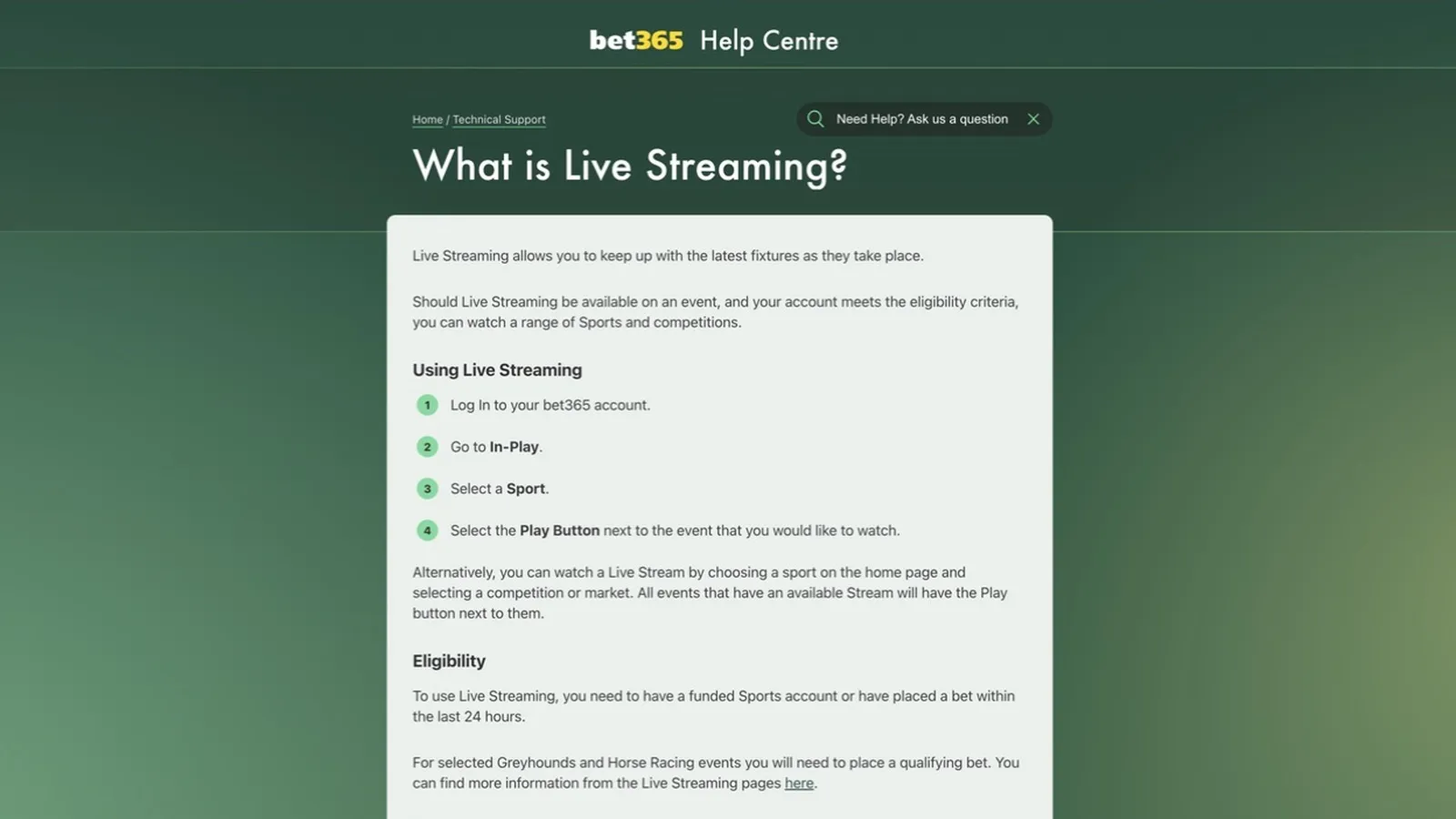 bet365 Help Centre page stating Live Streaming needs a funded Sports account or a bet placed in the last 24 hours