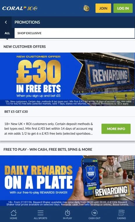 Coral promotions page on mobile