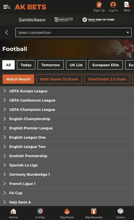 AK Bets football page with competitions and bet types on mobile