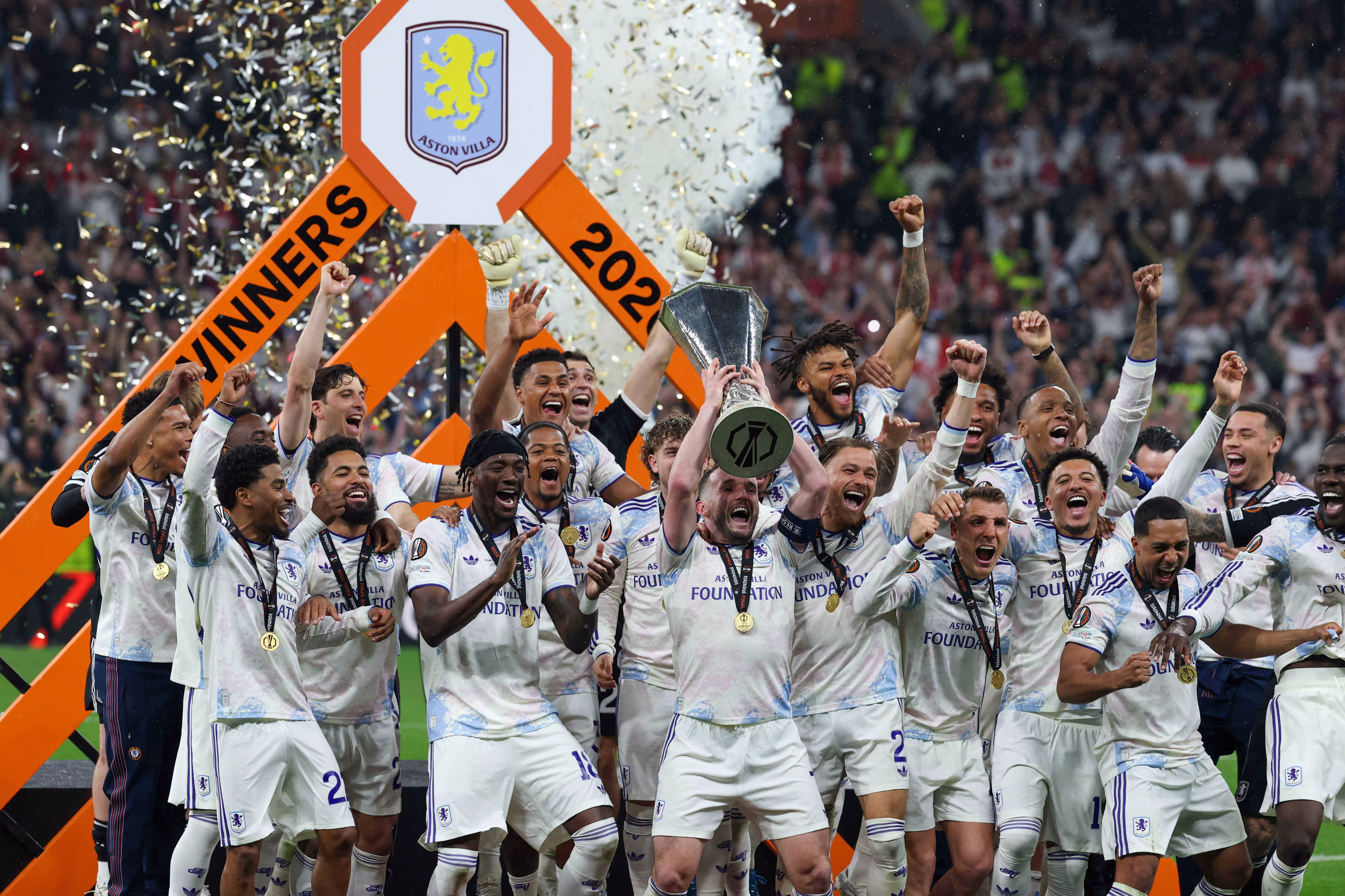 Aston Villa lift the Europa League trophy