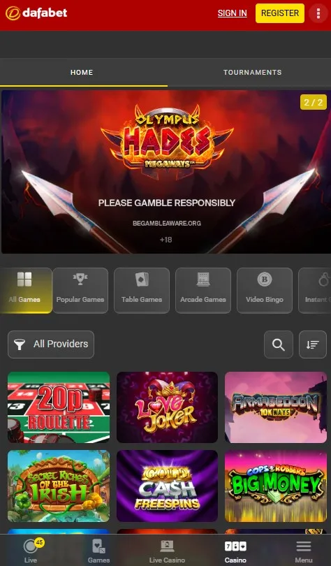 dafabet live casino tab