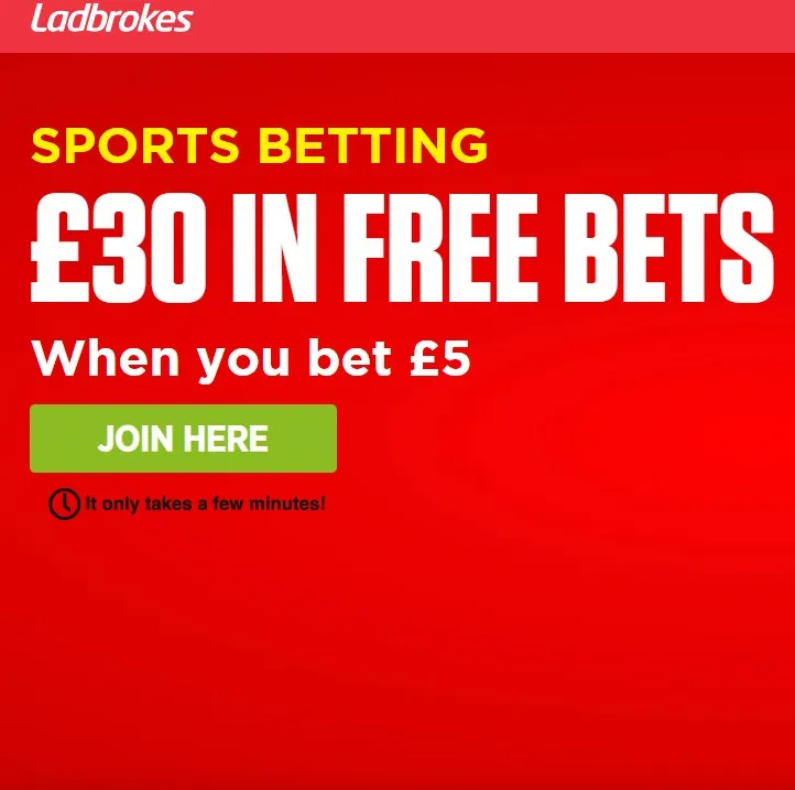 Ladbrokes low entry free bets deposit offer: bet &pound;5 get &pound;30 in free bets