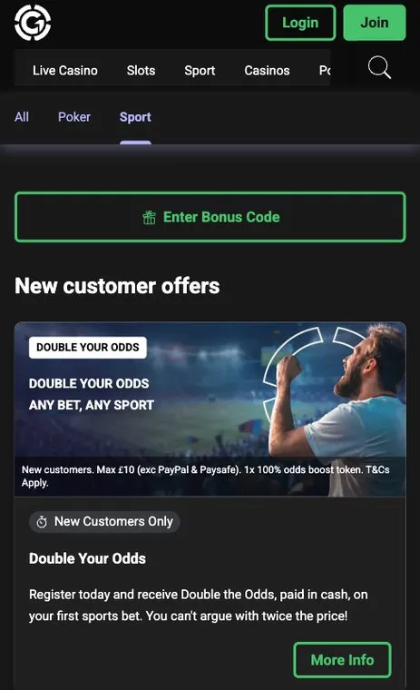 Grosvenor Sport promotions page on mobile showing its sports new customer offer
