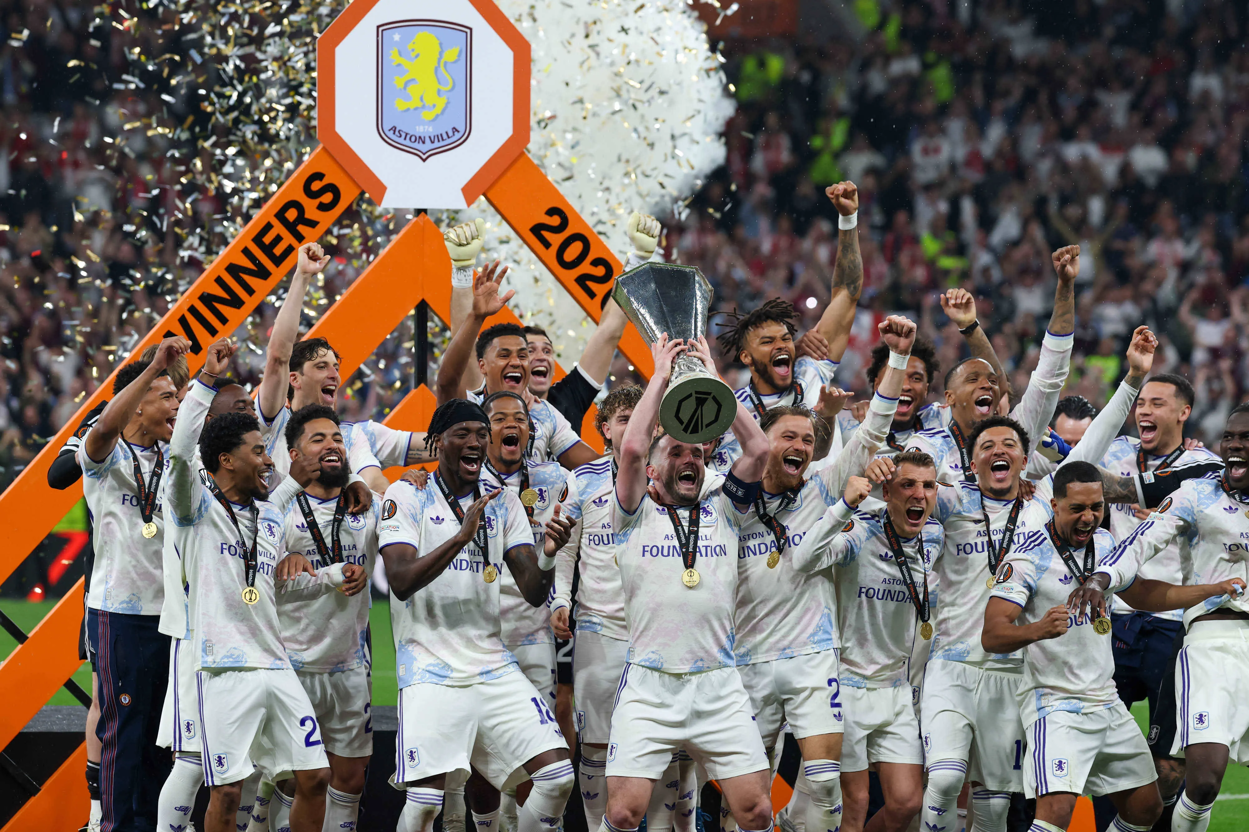 Aston Villa lift the Europa League trophy