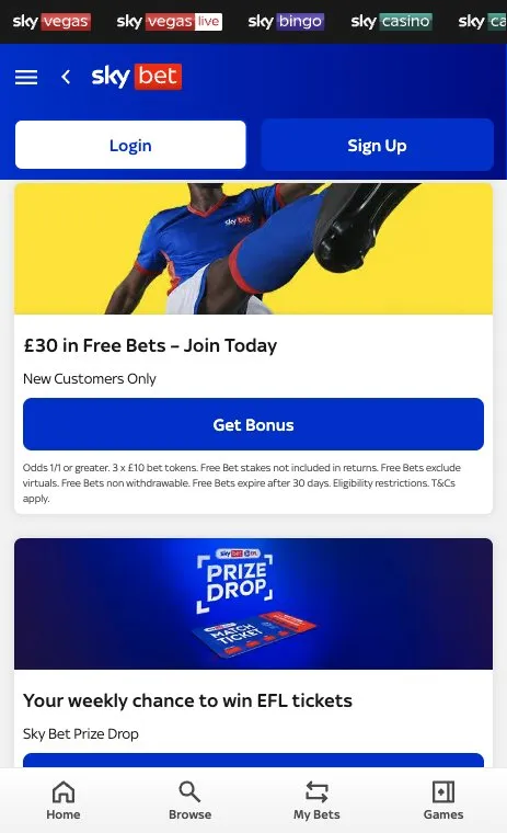 Sky Bet promotions page on mobile