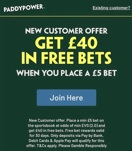Paddy power welcome offer get 40 in free bets