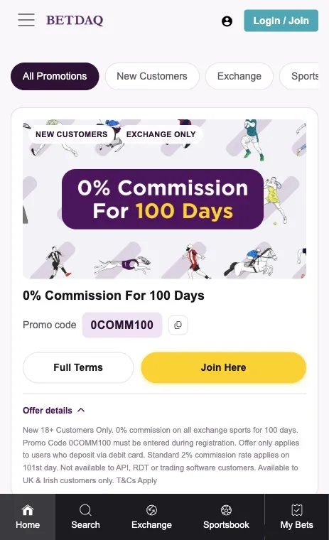 Betdaq promotions page on mobile with its 0% commission offer