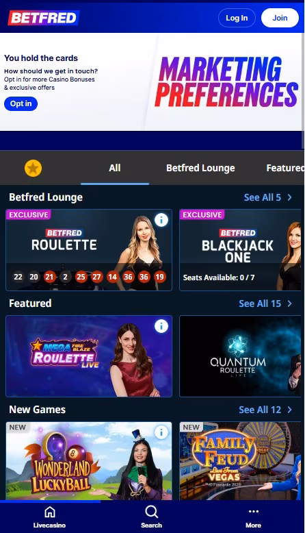 betfred live casino section, mobile preview