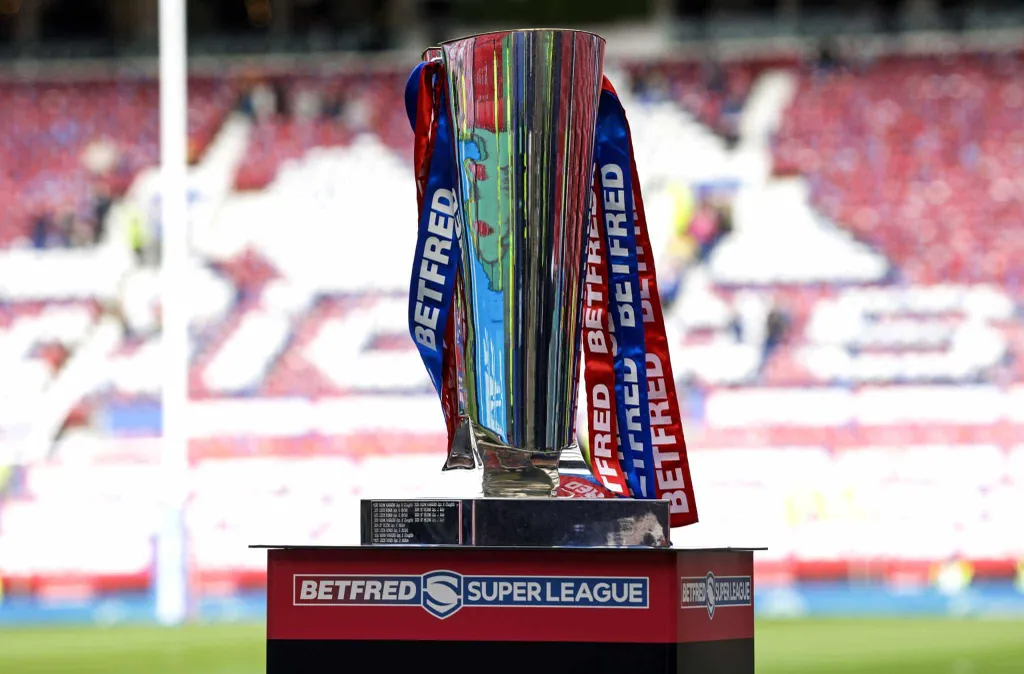 The Super League Grand Final stadium Old Trafford with the trophy | This isn't the European Super League, football fans, it's rugby league's headline event of the season