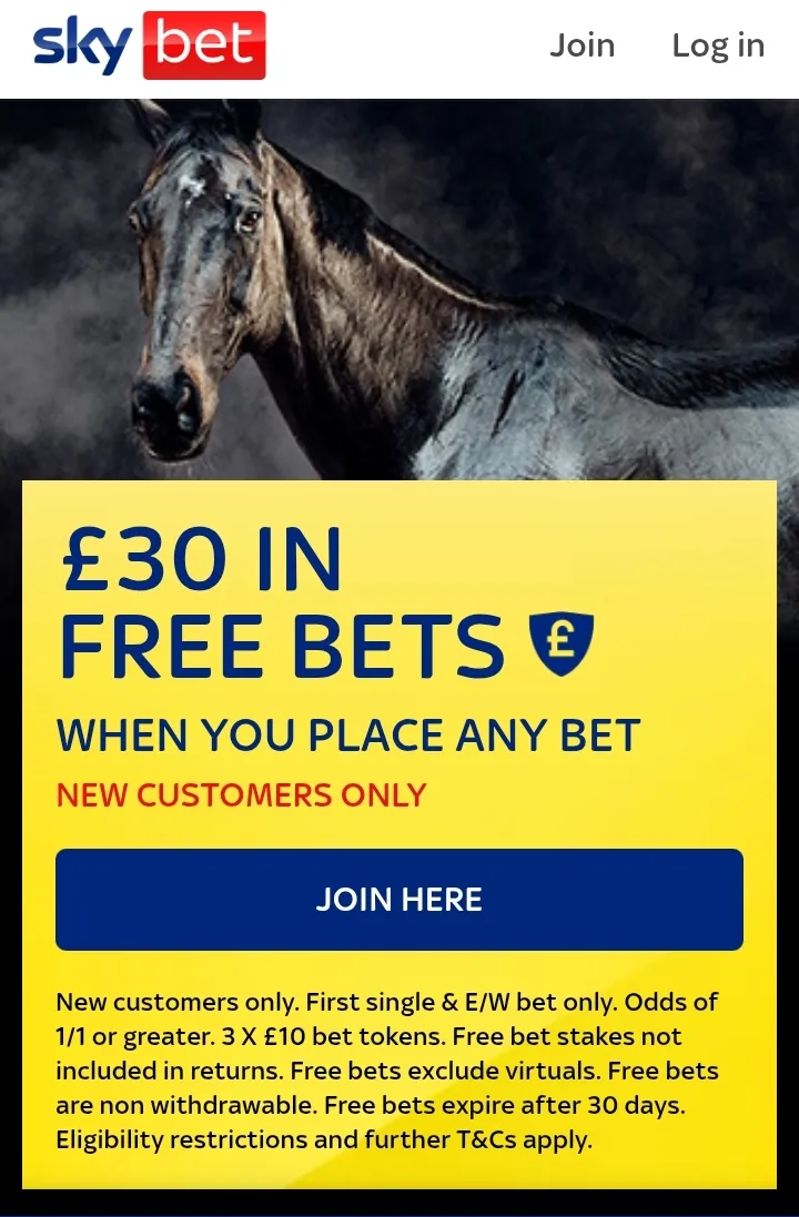 Sky Bet horse racing offer - bet &pound;0.05, get &pound;30 free horse racing bets