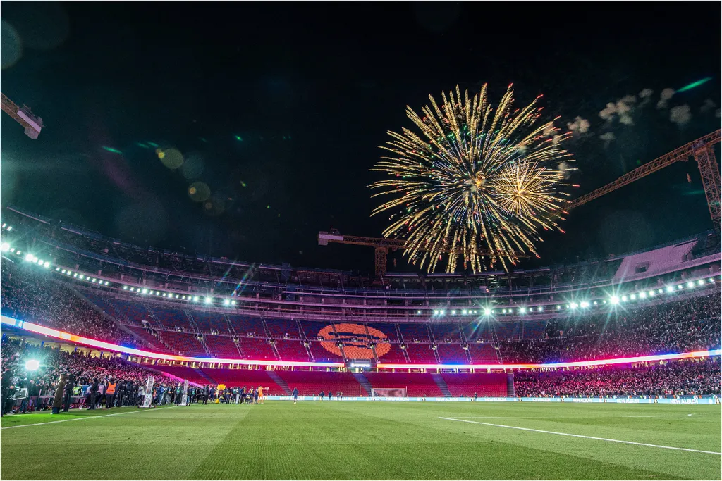 General view of Spotify Camp Nou with fireworks at the end of the match between FC Barcelona and Athletic de Bilbao
