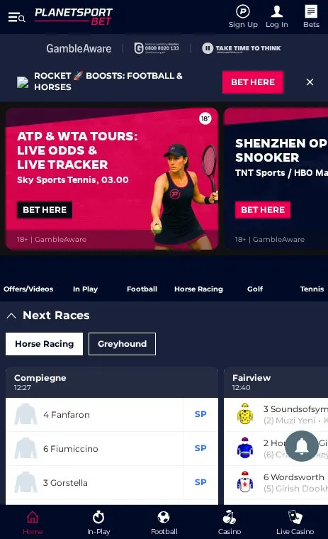 Planet Sport Bet mobile homepage with its promotions carousel