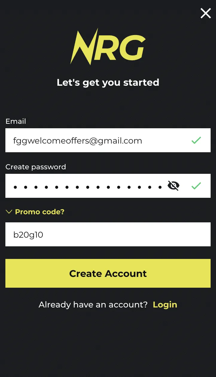 NRG Bet sign up offer page