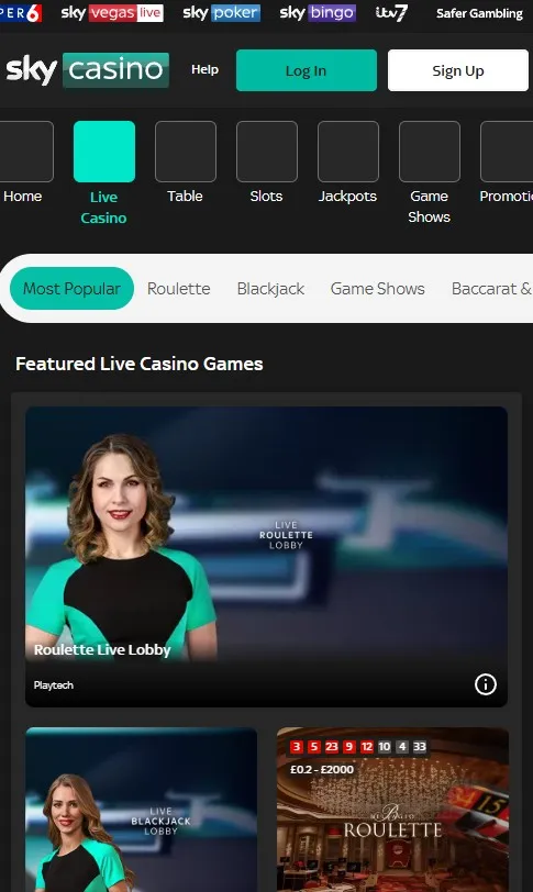 sky casino homepage overview