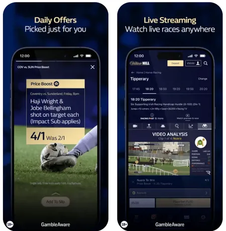 William Hill football betting app in-play screen