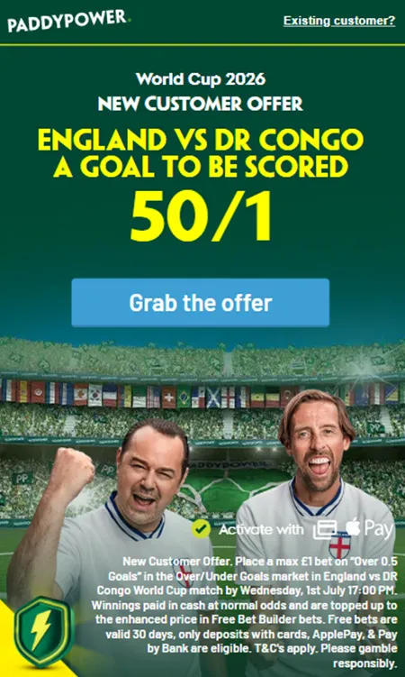 Paddy Power England vs DR Congo offer