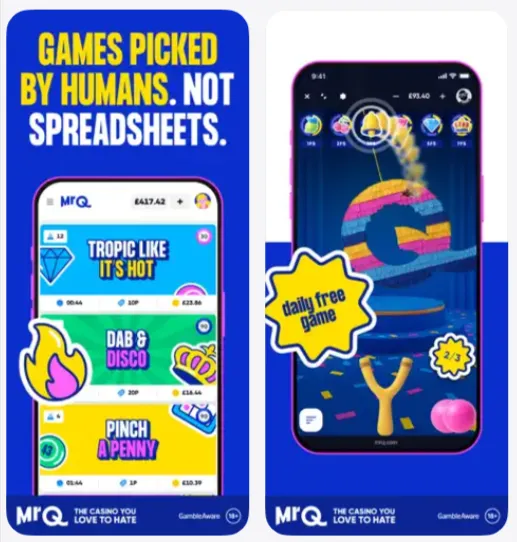 MrQ Casino slots library on the mobile app showing the main game categories