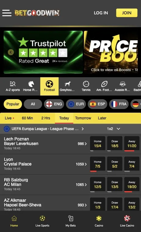 BetGoodwin football page with Europa League odds on mobile