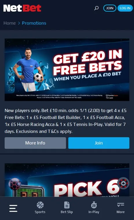 NetBet sports promotions page on mobile with its free bets welcome offer