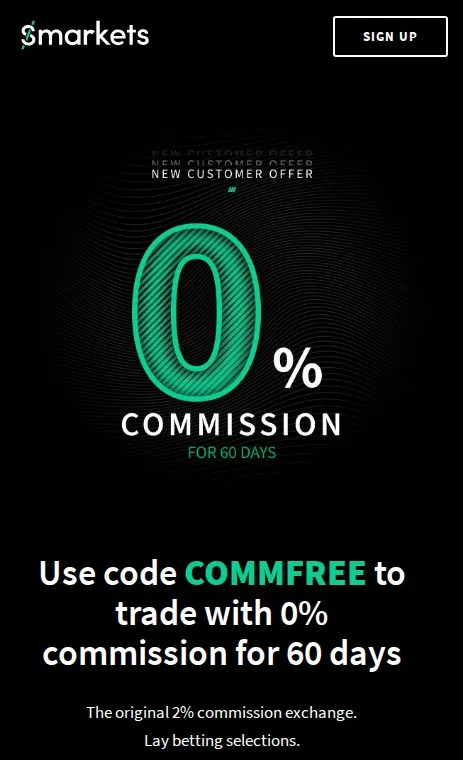 Smarkets new customer offer page on mobile: 0% commission