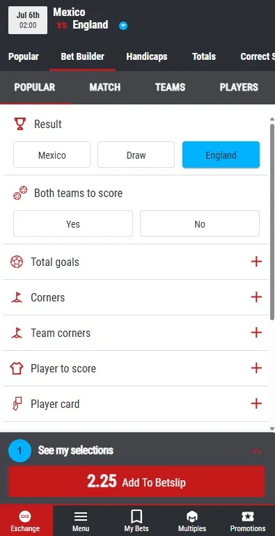 matchbook exchnage bet builder: England vs Mexico, world cup 2026 betting sites and odds