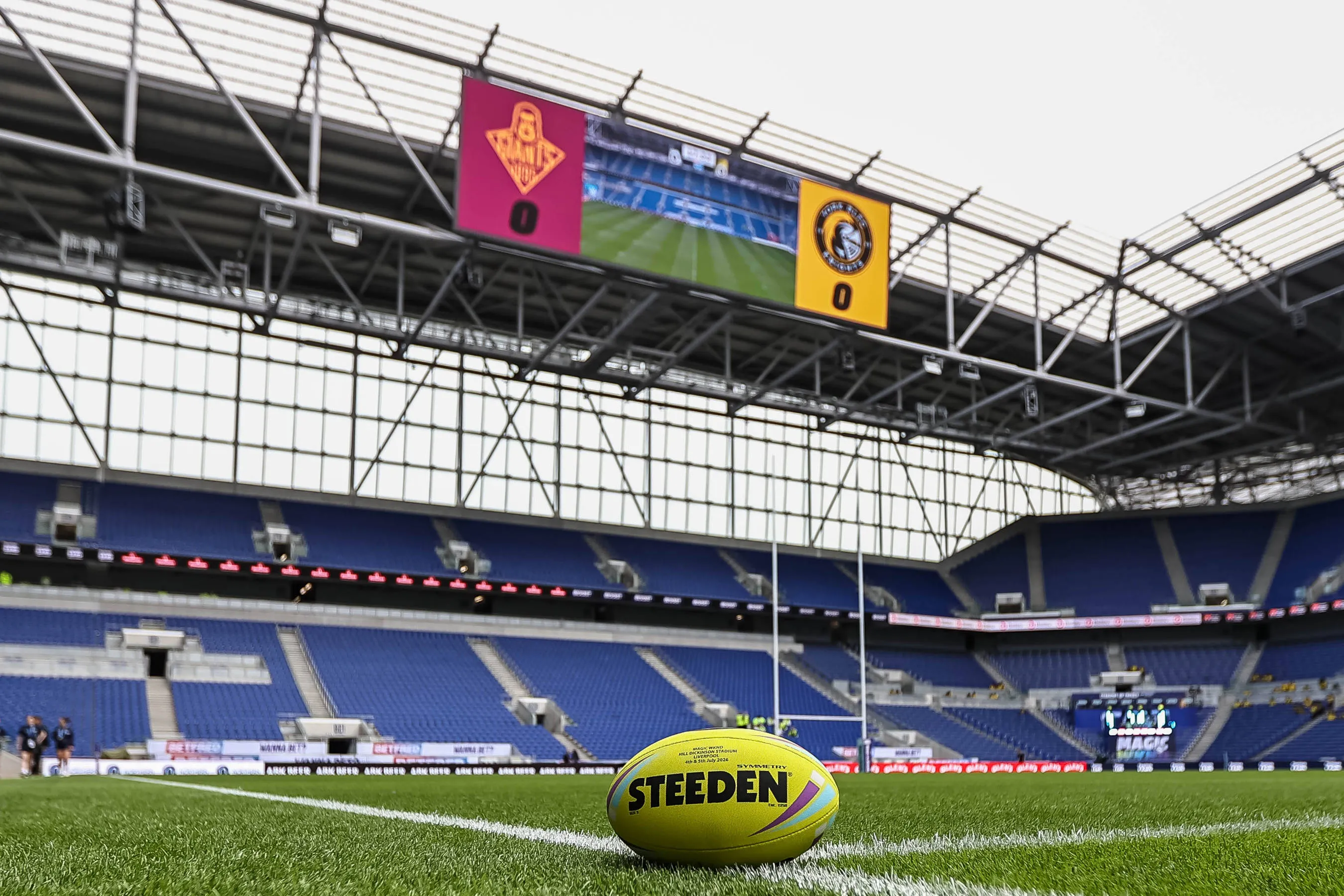 A view of the scoreboard and ball during the BetFred Super League match between Huddersfield Giants and York City Knights at Hill Dickinson Stadium