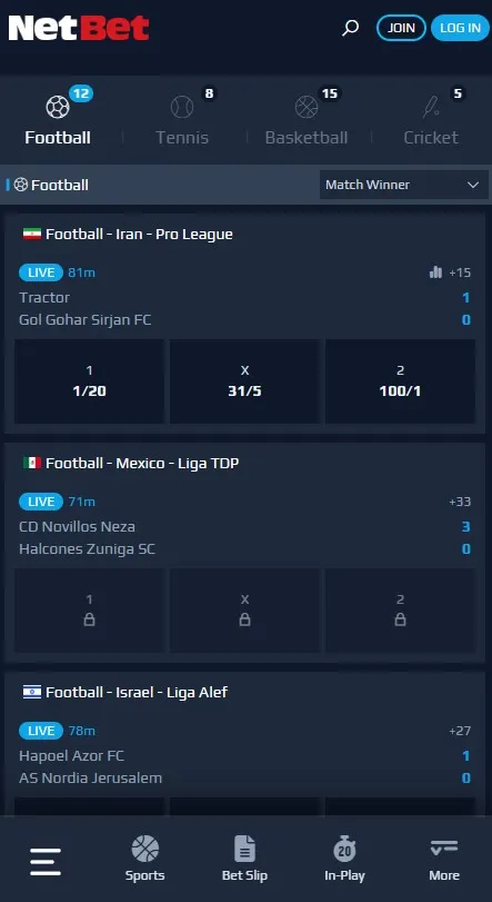 Netbet review: in-play betting section