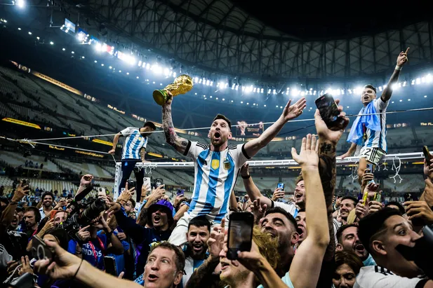 Lionel Messi celebrates Argentina winning the 2022 World Cup in Qatar in December 2022