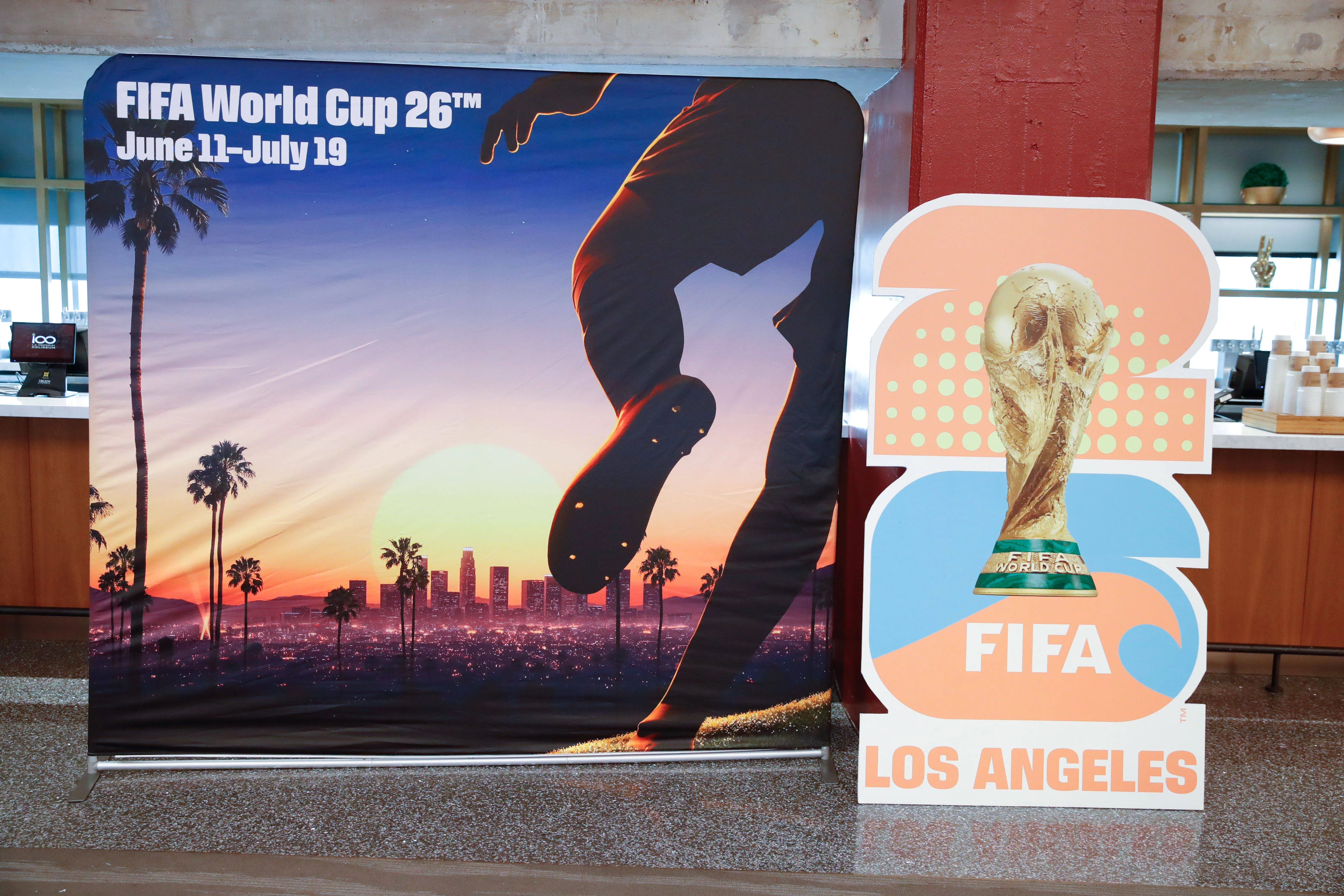 2026 World Cup signage on display at the Los Angeles Memorial Coliseum