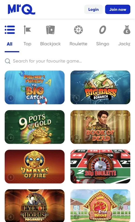 MrQ casino lobby with slot games on mobile