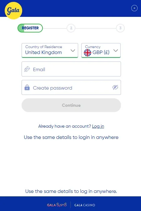 gala spins welcome offer registration form