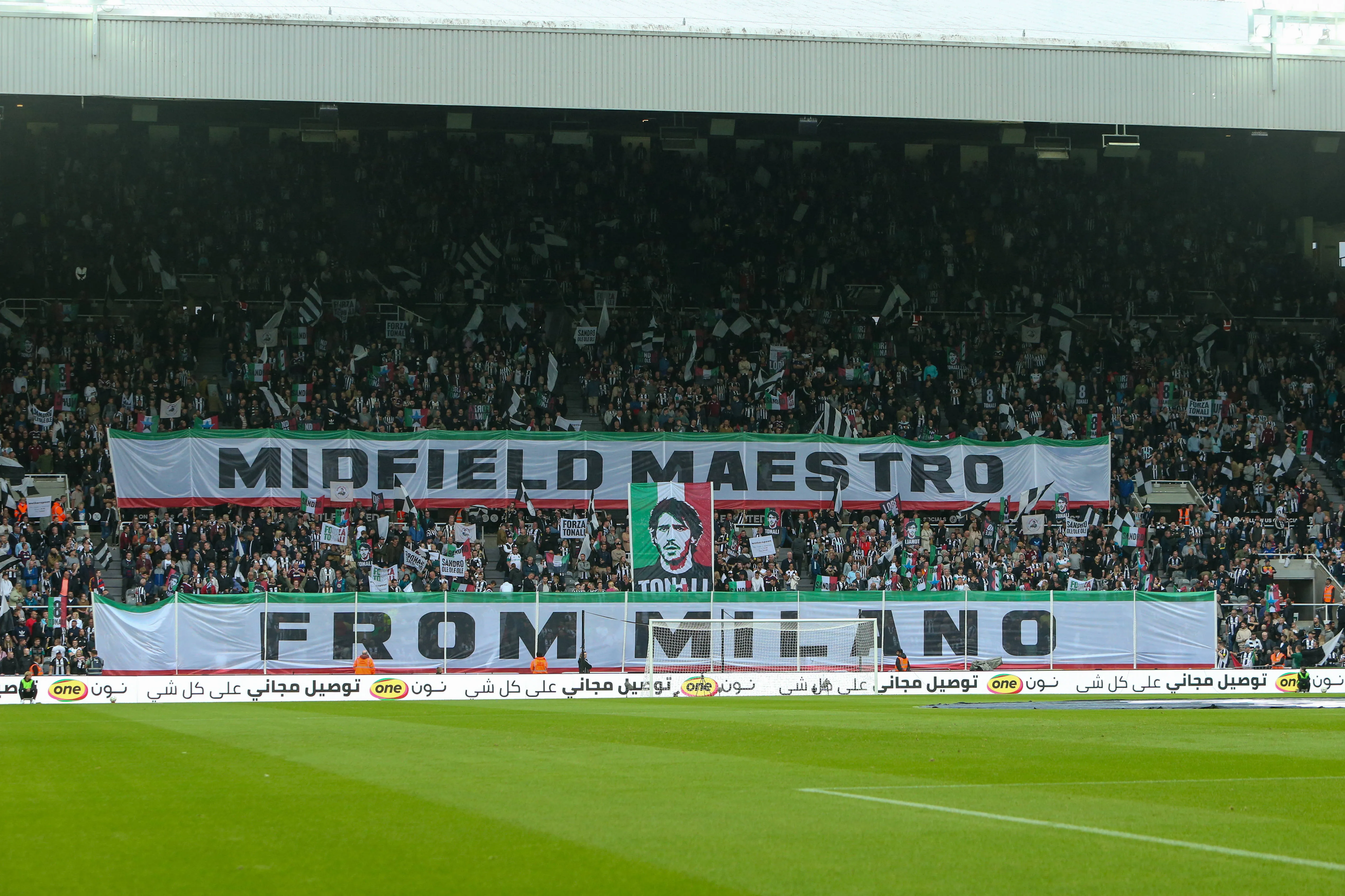 Newcastle United fans display a tifo for Sandro Tonali 