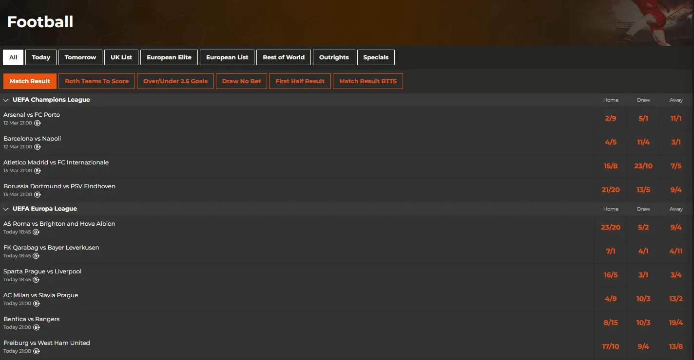 Football betting markets at Ak bets