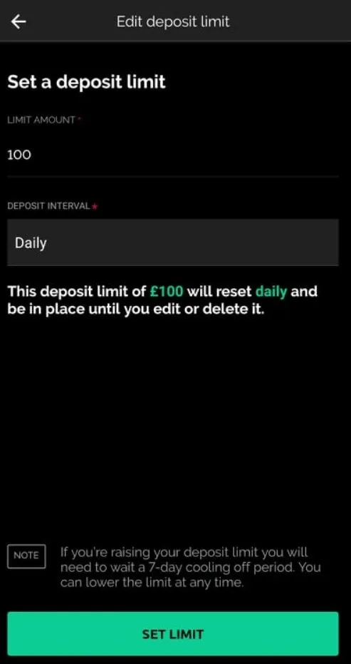 SBK responsib le gambling and deposit limit, mobile screenshot