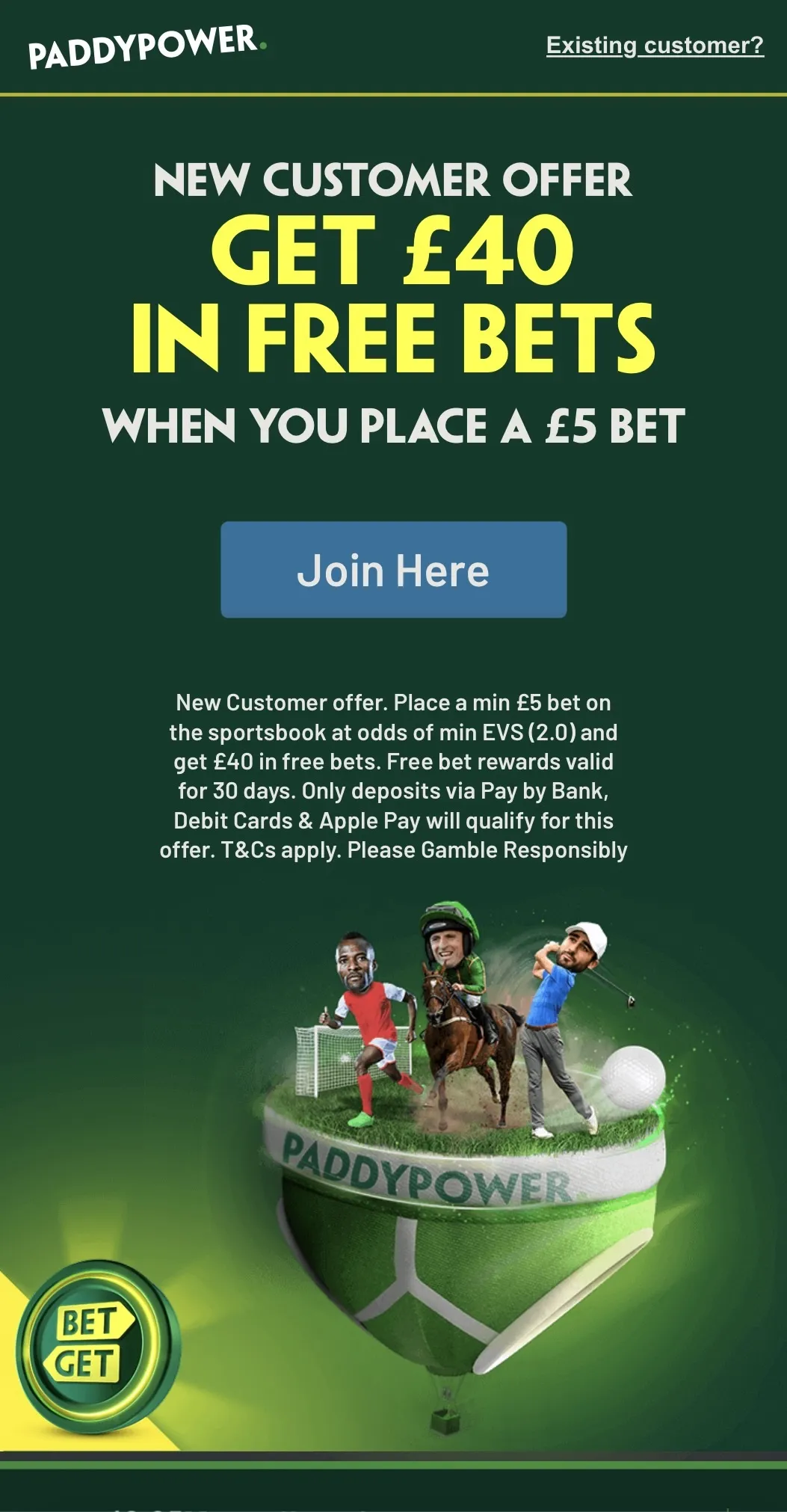 Paddy Power welcome offer May 2026 - Bet 5 Get 40