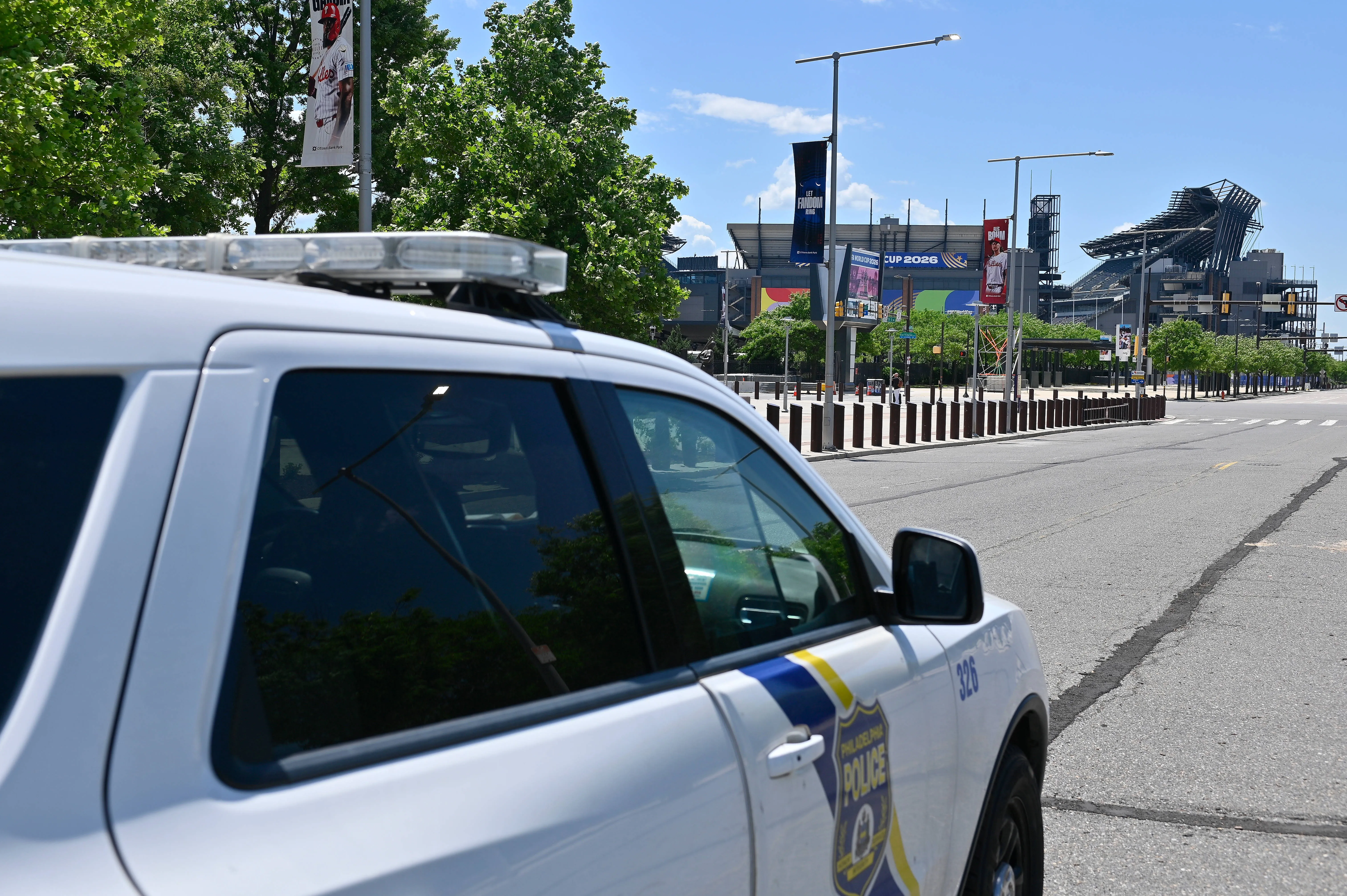 Police car outside Lincoln Financial Field ahead of the 2026 World Cup 