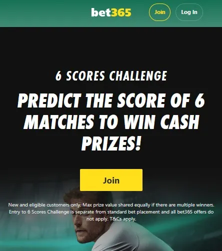 bet365 6 score challenge no-deposit free bet offer