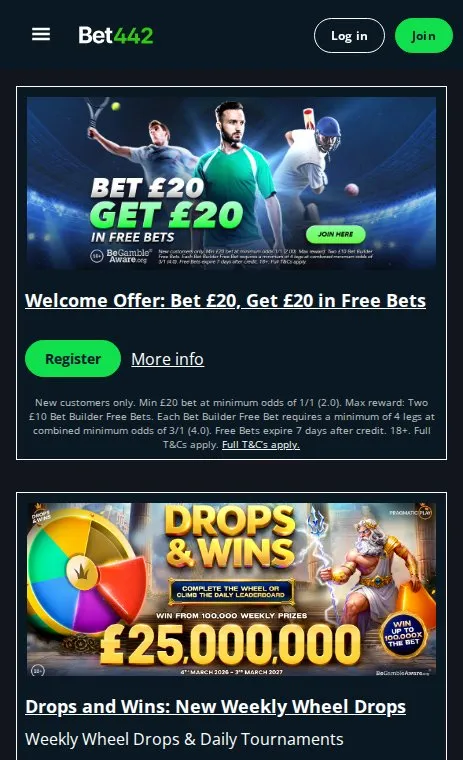Bet442 promotions page on mobile with its welcome offer at the top
