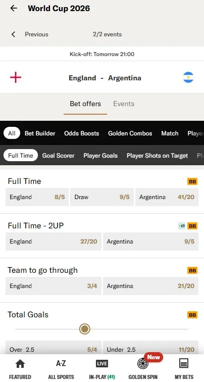 betmgm world cup odds: england v argentina