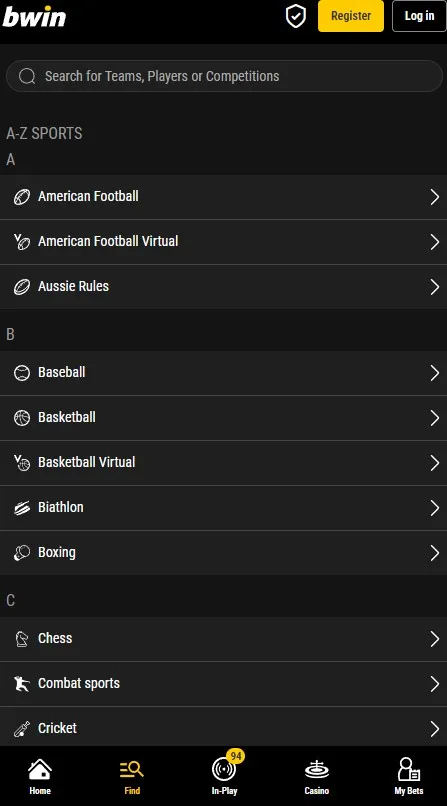 bwin app available sports markets