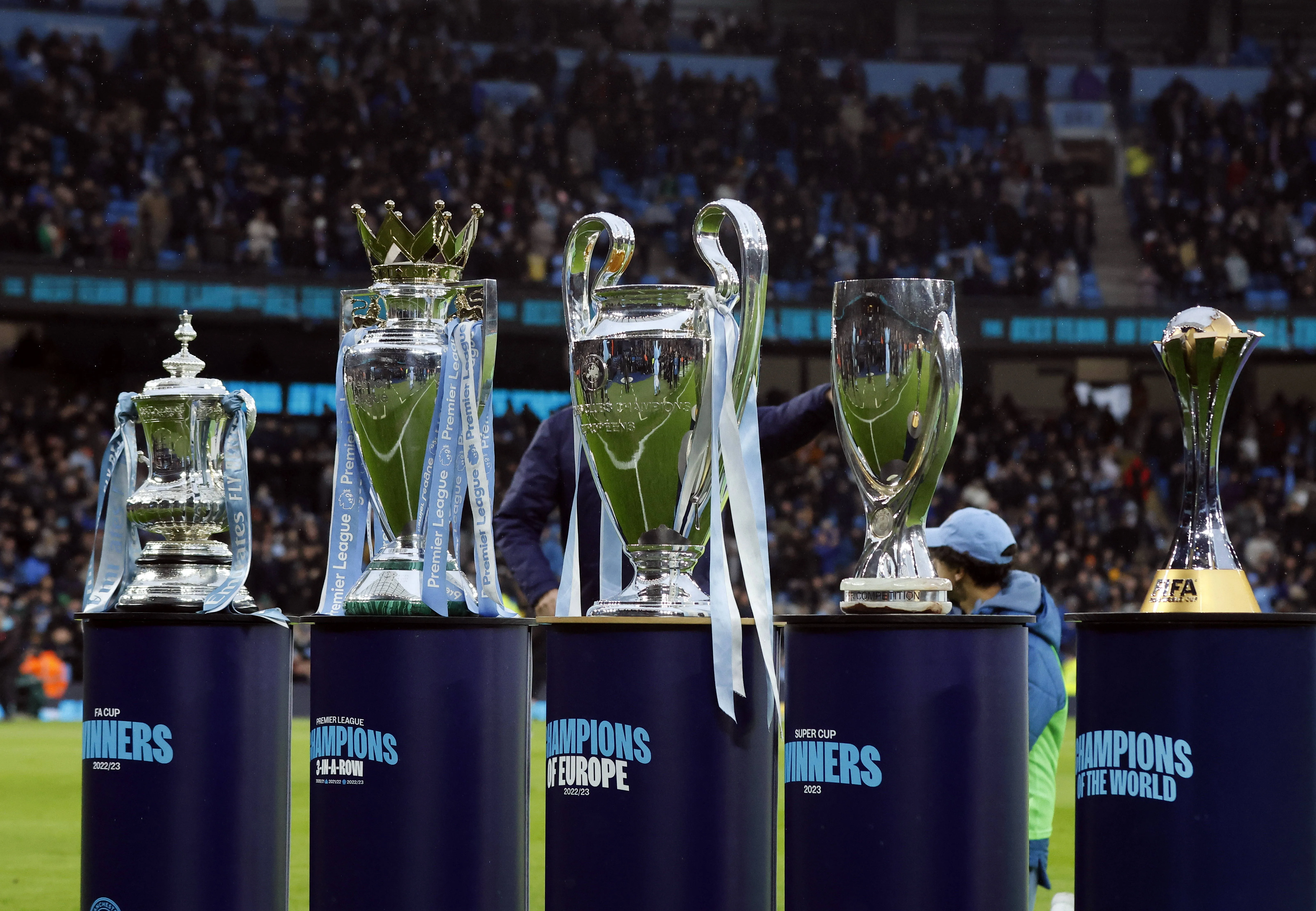 Manchester City display the trophies they have won during 2023