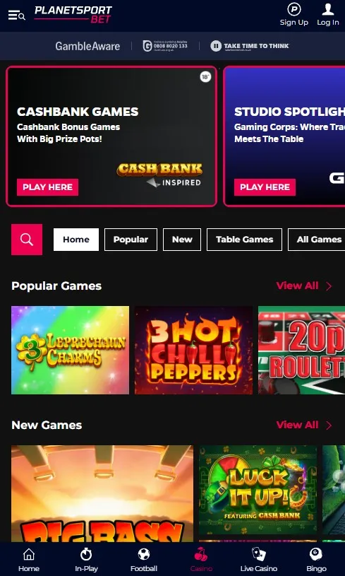 planet sport bet review, casino homepage overview